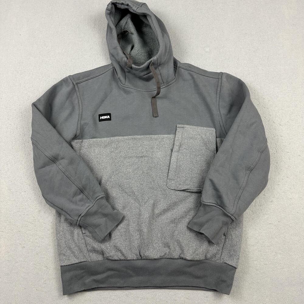 HOKA ONE ONE Hoodie Men Medium Gray Pullover Fleece Lined Hood Pockets Logo M